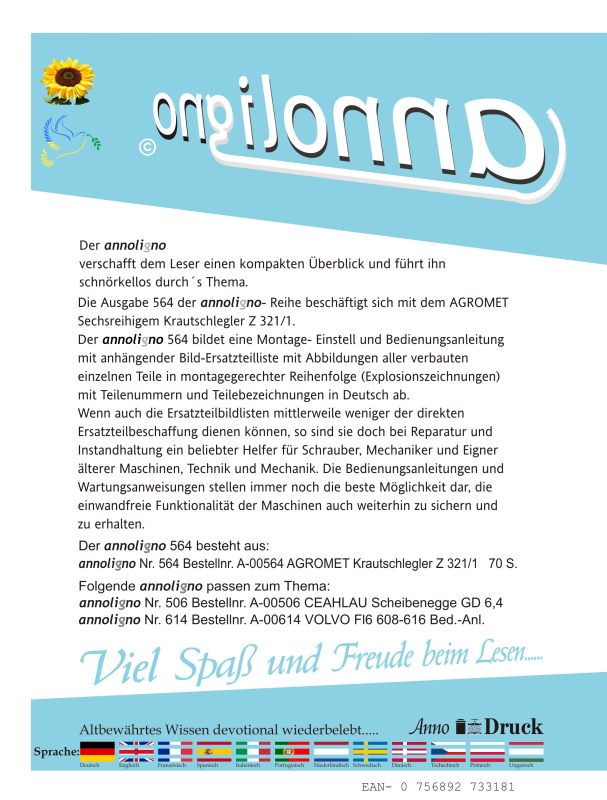 AGROMET Häcksler sechsreihiger Krautschlegler Typ Z 321/1 Bild Bedienungsanleitung & Bild- Ersatzteilliste - annoligno 564